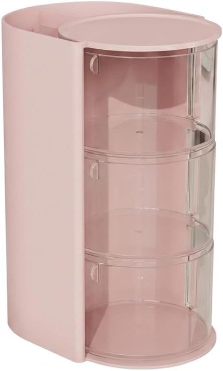 Makeup Organizer, 3-Tier Pink Cosmetic Organizer Dustproof Rotating Makeup Brush Holder, 18.2cm Height Desktop Storage Box For Vanity Countertop Eyebrow Pencils Powder Puffs And Office Pen Storage