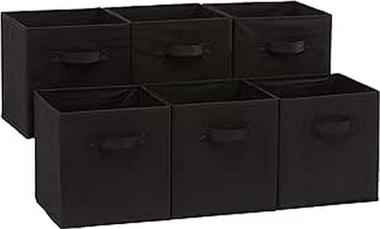 Amazon Basics Collapsible Fabric Storage Bins Organizer with Handles, Sturdy, Foldable, 10.5" x 10.5" x 11", Black, 6 Count (Pack of 5)