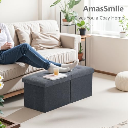 AmasSmile Footrest Ottoman Storage Bench, 34" Linen Folding Stool, Gray | Large Ottoman with Storage, Thicker Foam Padded Seat, Livingroom, Dorm, Bedroom, Entryway, Easy to install,34 x 13 x 13in