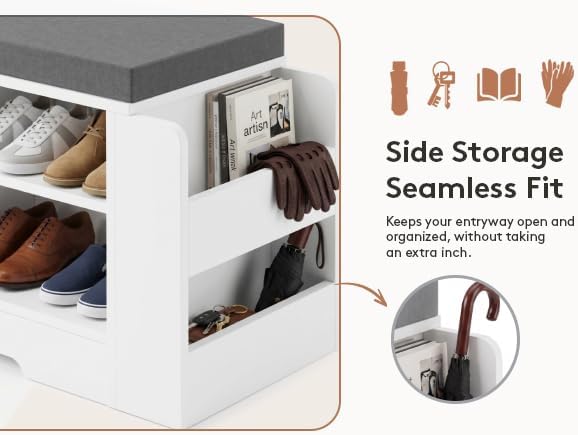 GRUSIGN 47.3" Shoe Storage Bench with Cushion, Entryway Shoe Cabinet, White | 3-in-1 Shoe Storage Bench, 47.3", Adjustable Shelves, Removable Cushion, 300 lbs Capacity, Entryway, Apartment, Families