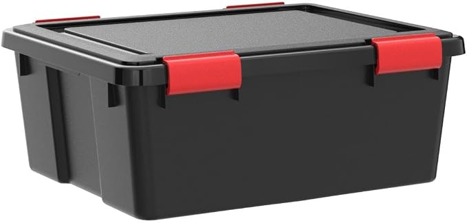 IRIS USA 6-Pack 31 Qt Storage Bins with Gasket Lids, Black/Red | WeatherPro seal protects everyday essentials in closets, offices and laundry rooms
