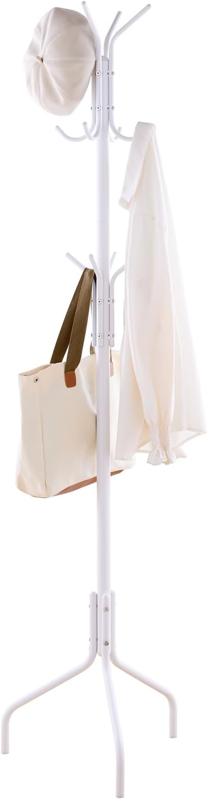 Coat Rack Freestanding for entryway,Living Room,Bedroom,Metal coat tree with12 Hooks and 3 Legs,hat stand (White)