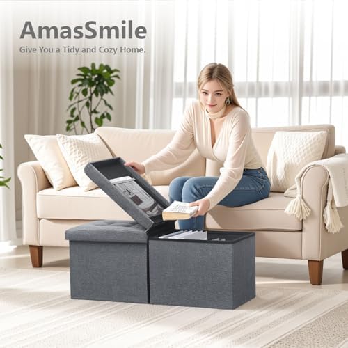 AmasSmile Footrest Ottoman Storage Bench, 34" Linen Folding Stool, Gray | Large Ottoman with Storage, Thicker Foam Padded Seat, Livingroom, Dorm, Bedroom, Entryway, Easy to install,34 x 13 x 13in