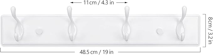 Badiano Wooden Coat Rack, Wall-Mounted Organizer for Closet, Entryway, Hallway, Foyer, Bedroom, Heavy Duty Double Hooks for Hanging Towels, Bags, Hats, Jackets, Key (White, 4 Hooks)