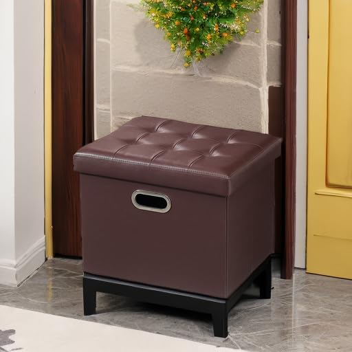 Bsketa Storage Ottoman Bench,17 Inch Folding Leather Foot Rest Stool, Brown | Small Ottoman with Side Pockets, Thicker Foam Padded Seat, Livingroom, Dorm, Bedroom, Easy to install, 43L,17x13x13in