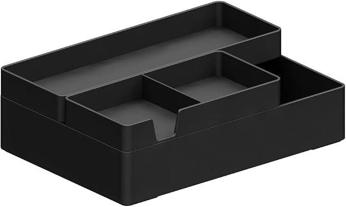 Amazon Basics Rectangular Plastic Desk Organizer Bundle, 3 Pieces with Half Accessory Tray, Small, Black
