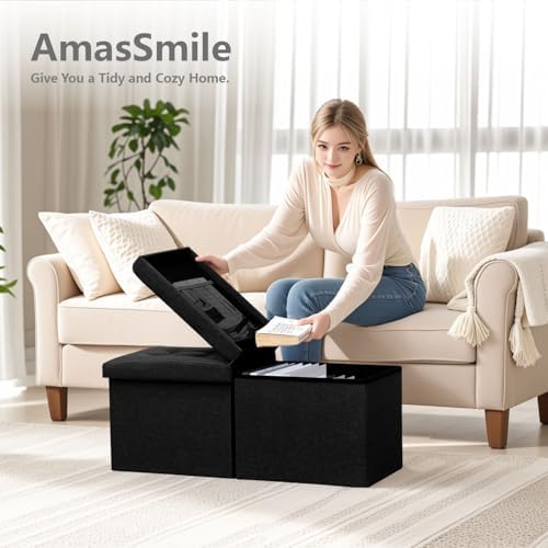 AmasSmile Footrest Ottoman Storage Bench, 34" Linen Folding Stool, Black | Large Ottoman with Storage, Thicker Foam Padded Seat, Livingroom, Dorm, Bedroom, Entryway, Easy to install, 34 x 13 x 13in