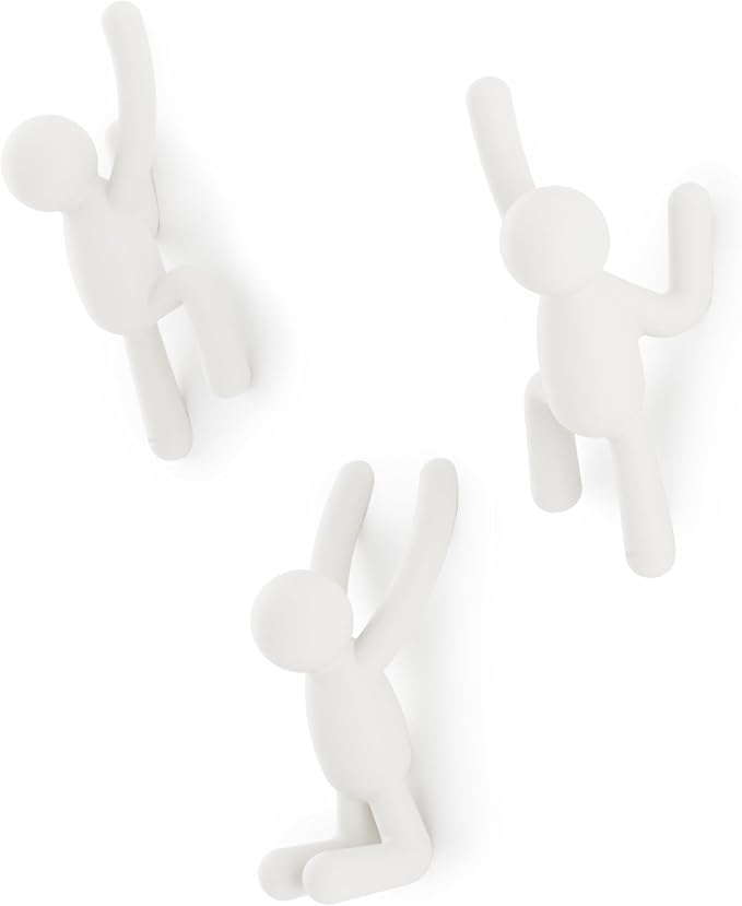 Umbra Buddy Wall Hooks, Decorative Wall Mount Coat Hooks, Set of 3, White | Easy install with hardware, holds 5lbs per hook, entryway bedroom bathroom dorm, playful hanging storage, recycled plastic