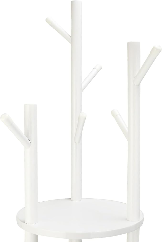 YYW 360° Wood Coat Rack Stand with Hooks and Shelves, Free Standing Rotating Organizer for Entryway, Bedroom, Small Space