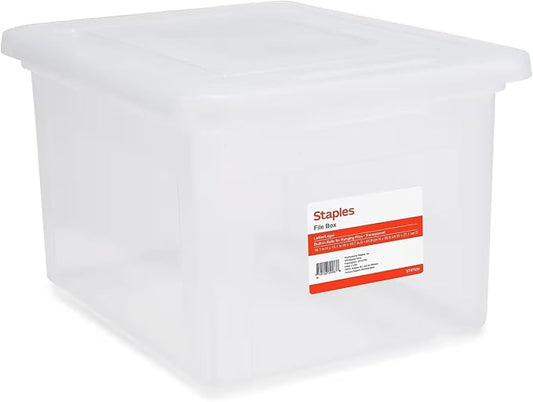 STAPLES Plastic File Box with Snap Lid, Letter/Legal Size, Clear, 2/Pack | Stackable storage box keeps hanging files organized and protected.