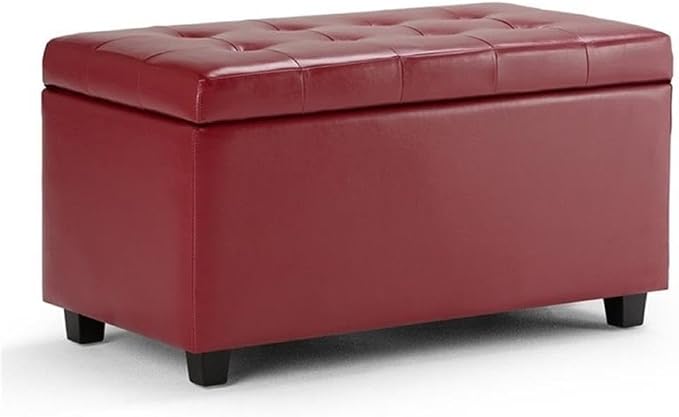 SIMPLIHOME Dover 36" Wide Vegan Leather Storage Ottoman in Denim Blue | Transitional storage ottoman with tufting and lift-up lid; rectangle storage bench for living room or entryway.
