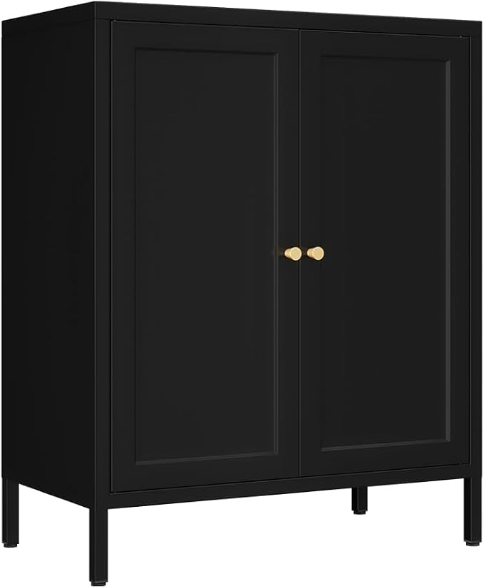 Metal Accent Storage Cabinet for Home, LivingRoom, Office,Kitchen- Metal Locker Cabinet with 1 Adjustable Shelves-Bathroom Floor Storage Cabinet Freestanding Organizer(Square Door, Black)