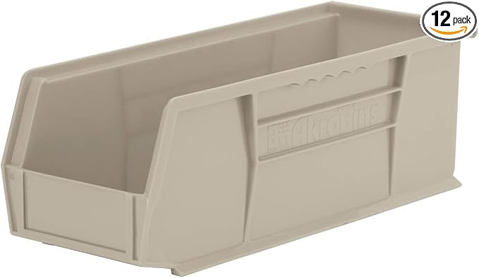 Akro-Mils 30234 AkroBins Plastic Storage Bins, 15"x5"x5", Stone, 12-Pack | Space-Saving Stackable Bins for Garage, Pantry, Craft Organization