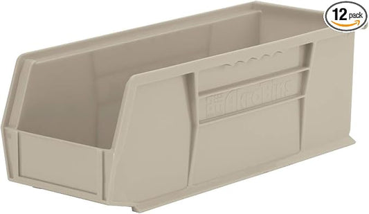 Akro-Mils 30234 AkroBins Plastic Storage Bins, 15"x5"x5", Stone, 12-Pack | Space-Saving Stackable Bins for Garage, Pantry, Craft Organization