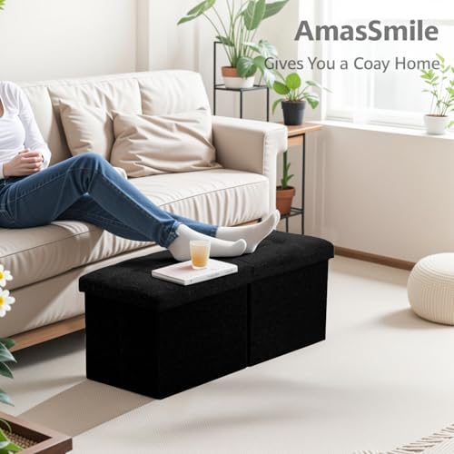 AmasSmile Footrest Ottoman Storage Bench, 34" Linen Folding Stool, Black | Large Ottoman with Storage, Thicker Foam Padded Seat, Livingroom, Dorm, Bedroom, Entryway, Easy to install, 34 x 13 x 13in