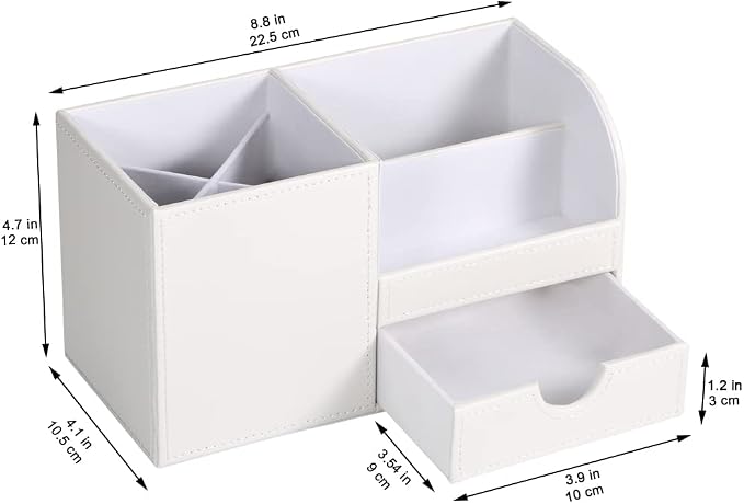 Desk Organizer Office Supplies Caddy Pu Leather Multi-function Storage Box Pen/Pencil,Cell phone, Business Name Cards Remote Control Holder with Small Drawer White