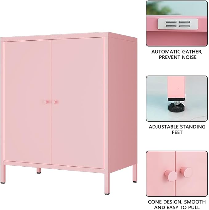 2 Door Metal Accent Storage Cabinet for Home, Living Room,Office Room,Kitchen-Metal Locker Cabinet with 1 Adjustable Shelves-2-Tier (Small 2 Door Cabinet, Pink)