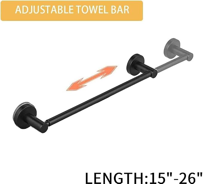 BESy Towel Racks for Bathroom Wall Mounted Bath Towel Bar Matte Black | Adjust 15" to 26" Rustproof, Stainless Steel Towel Holder, Wall Mounted for Bathroom Accessories, Heavy Duty, Space Saving