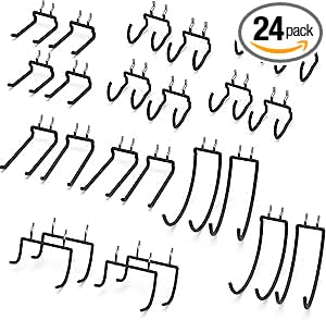 HUHOLE 24 Pack Pegboard Drill Holder Tool Hooks for 1/4 Inch Pegboard | Utility Hooks with 20 lb Capacity for Power Tools, Drills, Hammers, Cords, Hoses, Brooms and Shovels