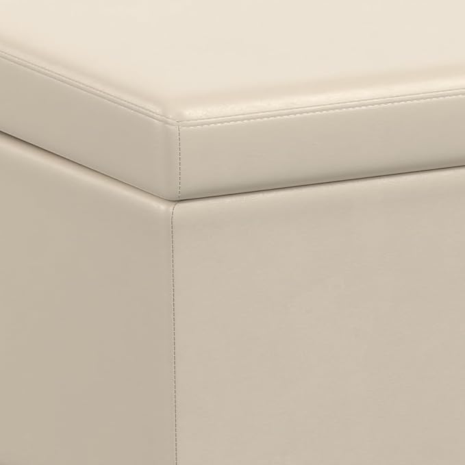 SIMPLIHOME Avalon 54" Wide Vegan Leather Storage Ottoman in Tanners Brown | Contemporary lift-top ottoman with high-density foam; rectangle storage bench or coffee table for living room or entryway.