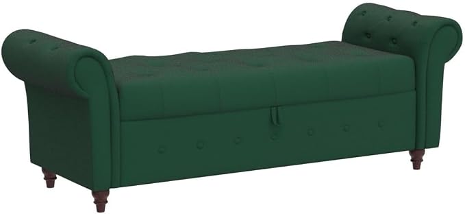 NIOIIKIT 63'' Storage Ottoman Bench Tufted Entryway Bench Dark Green Velvet | Button Tufted End of Bed, Large Storage Space, Rolled Armed Ottoman Couch Long Bench for Bedroom, Living Room, Hallway