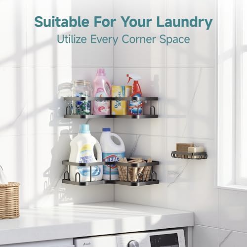 Veken Corner Shower Caddy 3-Pack, Advanced Rustproof Design&Stable Storage | No Drilling Adhesive Shelves, Rack with Soap Holder & Hooks, Thickened Metal Frame, Bathroom Organizers and Storage, Blac