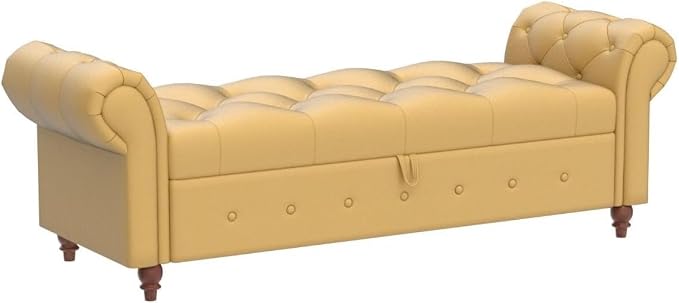 NIOIIKIT 63'' Storage Ottoman Bench, Tufted Entryway Bench Yellow Polyester | Button Tufted End of Bed, Large Storage Space, Rolled Armed Ottoman Couch Long Bench for Bedroom, Living Room, Hallway