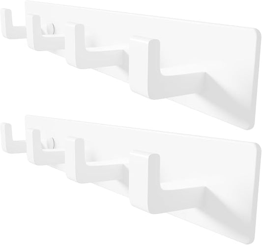 White Coat Rack Wall Mount - 12.5" Rail with 4 Right-Angle Hooks(2 Pack) | Drill-Mounted Organizer for Coats, Hats, Bags in Entryway, Bathroom, Bedroom