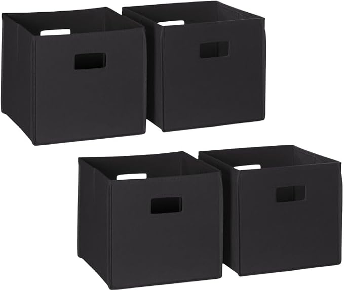 RiverRidge Folding Storage Bins - 4-pack of 10in Tall Black Cubes | Fabric Bins, Set of 4 Storage Cubes, Cut-out Handles, Playroom Closet Organizer, Collapsible Cubby with Bottom Board Insert