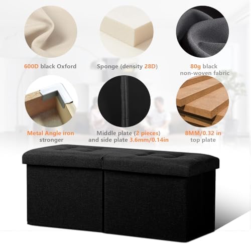 AmasSmile Footrest Ottoman Storage Bench, 34" Linen Folding Stool, Black | Large Ottoman with Storage, Thicker Foam Padded Seat, Livingroom, Dorm, Bedroom, Entryway, Easy to install, 34 x 13 x 13in
