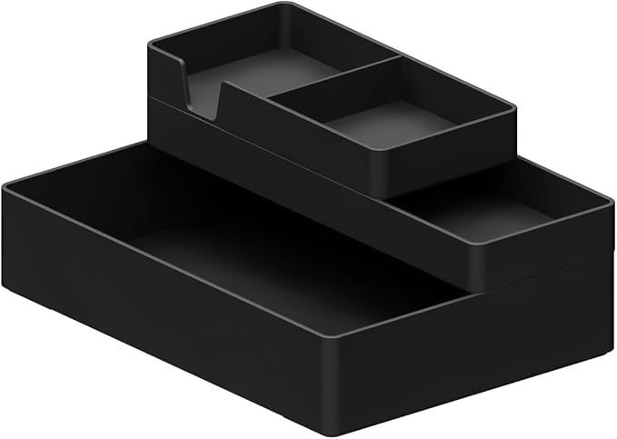 Amazon Basics Rectangular Plastic Desk Organizer Bundle, 3 Pieces with Half Accessory Tray, Small, Black