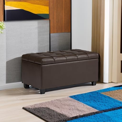 SIMPLIHOME Shiloh 48" Wide Vegan Leather Rectangle Ottoman in Saddle Brown | Transitional ottoman with tufting and lift-up lid; rectangle storage bench for living room or entryway.