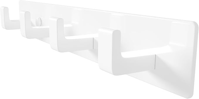 White Coat Rack Wall Mount - 12.5" Rail with 4 Right-Angle Hooks(1 Pack) | Drill-Mounted Organizer for Coats, Hats, Bags in Entryway, Bathroom, Bedroom