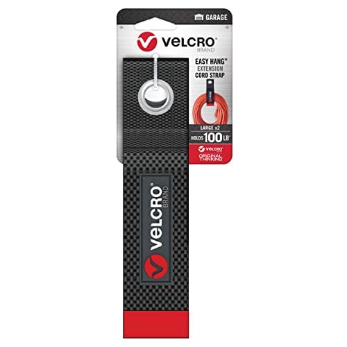 VELCRO Brand EASY HANG Extension Cord Organizer Holder | Large 18" Heavy Duty Straps for Garage Organization and Storage Grommet Hangs Easily on Wall Hooks or Nails 2pk, Holds 100lbs, Black