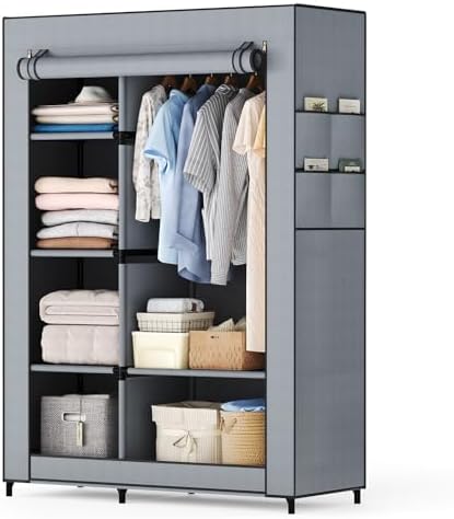 Simple Deluxe Wardrobe with lid, Clothes Rack for Hanging Clothes, 40.7"W x 17.5"D x 64.2"H Garment Rack，Max Load 143LBS，Black Rack with Gray Cover