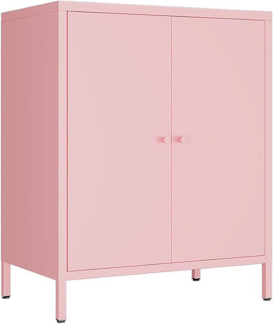 2 Door Metal Accent Storage Cabinet for Home, Living Room,Office Room,Kitchen-Metal Locker Cabinet with 1 Adjustable Shelves-2-Tier (Small 2 Door Cabinet, Pink)