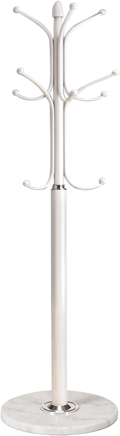 Kertnic Freestanding Coat Rack Stand, Heavy Duty Metal Hall Tree with 12 Hooks, 70 Inch Tall Stable Coat Hanger with 14.6" Natural Marble Base, Entryway Organizer for Coats Bags Hats Purses (White)