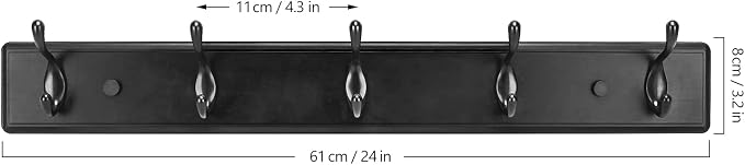 Badiano Wooden Coat Rack, Wall-Mounted Organizer for Closet, Entryway, Hallway, Foyer, Bedroom, Heavy Duty Double Hooks for Hanging Towels, Bags, Hats, Jackets, Key (Black, 5 Hooks)
