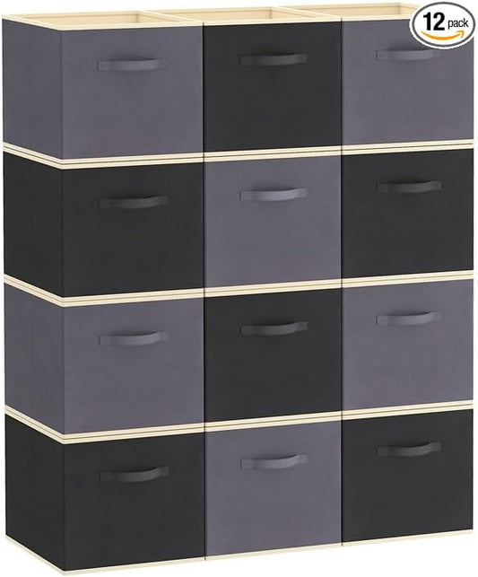 Lifewit Storage Cubes, Foldable Decorative Fabric Storage Baskets for Organizing Home Organizers with Handles for Shelves, Closet, 11 Inch Bins, 18L Gray&Black, 12 Packs
