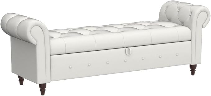 NIOIIKIT 63'' Storage Ottoman Bench, Tufted Entryway Bench Beige Polyester | Button Tufted End of Bed, Large Storage Space, Rolled Armed Ottoman Couch Long Bench for Bedroom, Living Room, Hallway