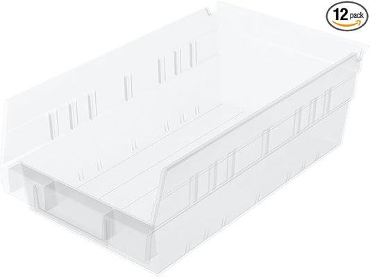 Akro-Mils 30130 Heavy Duty Plastic Shelf Bins, 12"x 6.5"x 4", Clear, 12-Pk | Heavy Duty Nesting Storage Bins for Garage, Closet, Refrigerator, Kitchen, Cabinet, Drawer Organization, Pantry Organization