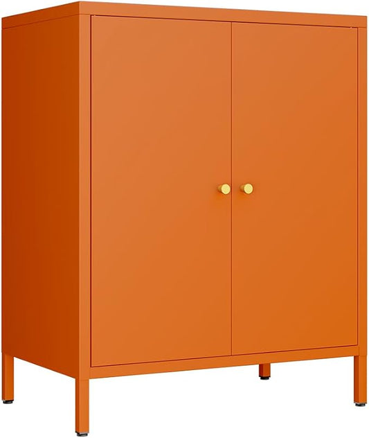 2 Door Metal Accent Storage Cabinet for Home,Office Room,Kitchen-Metal Locker Cabinet with 1 Adjustable Shelves-2-Tier (Small 2 Door Cabinet, Orange)