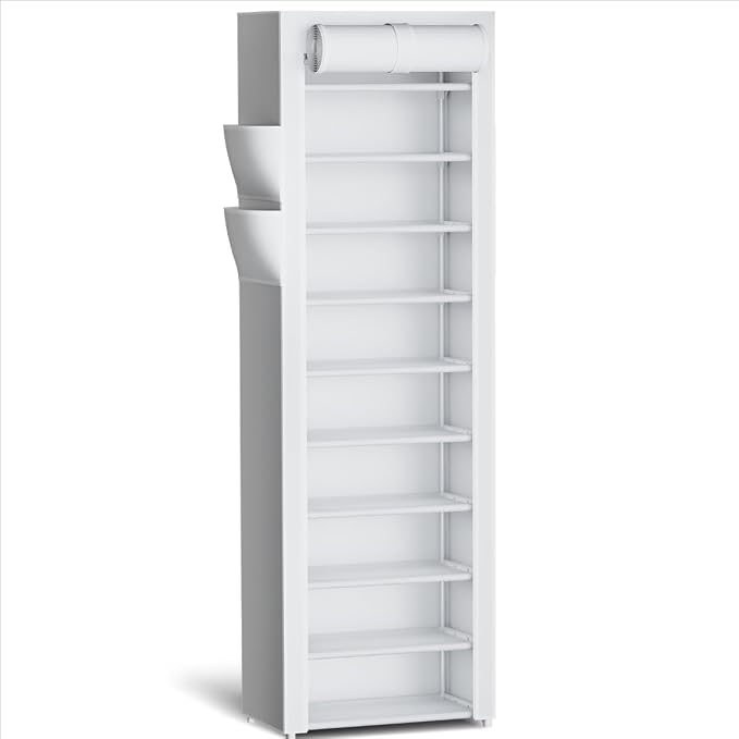 Kitsure 10-Tier Shoe Rack with Cover, Vertical Shelf, 17.5" Wide, White | Space Saving Shoe Storage with Side Pocket, Shoe Organizer for Closet, Entryway, Bedroom, Zapateras Organizer