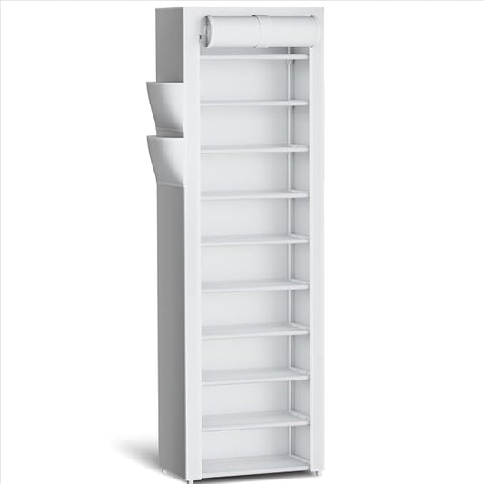 Kitsure 10-Tier Shoe Rack with Cover, Vertical Shelf, 17.5" Wide, White | Space Saving Shoe Storage with Side Pocket, Shoe Organizer for Closet, Entryway, Bedroom, Zapateras Organizer
