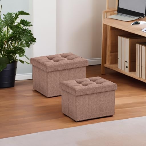 Ornavo Home Small Rectangle Ottoman Set of 2, Linen, 12x16x12, Taupe | Storage Collapsible Design; Foot Rest Stool Seat; Ideal for Living Room, Bedroom, Home Office or Dorm