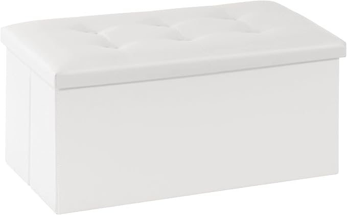 Youdesure White Folding Storage Ottoman Bench, Faux Leather Footrest for Living Room, Ottoman with Storage Padded Seat for Bedroom, Holds up to 350lbs
