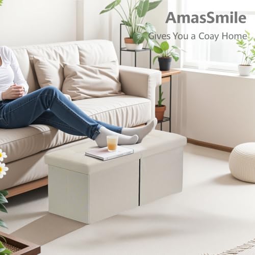 AmasSmile Footrest Ottoman Storage Bench, 34" Linen Folding Stool, Beige | Large Ottoman with Storage, Thicker Foam Padded Seat, Livingroom, Dorm, Bedroom, Entryway, Easy to install,34 x 13 x 13in