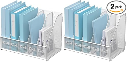 SUPEASY Desk Organizers Metal Desk Magazine File Holder with 5 Vertical Compartments Rack File Organizer for Office Desktop, Home Workspace, White (Pack of 2)