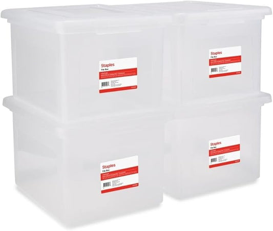 STAPLES Plastic File Box with Snap Lid, Letter/Legal Size, Clear, 4/Carton | Stackable storage box keeps hanging files organized and protected. Pack of 4.