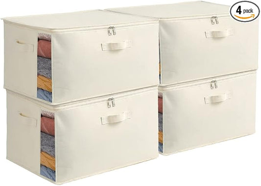 4 Pack Large Canvas Comforter Storage Bags Closet Organizer for Clothes Sweater Clothes Organizer with Dual Zipper Three Carrying Handles for Blanket Closet Storage Container